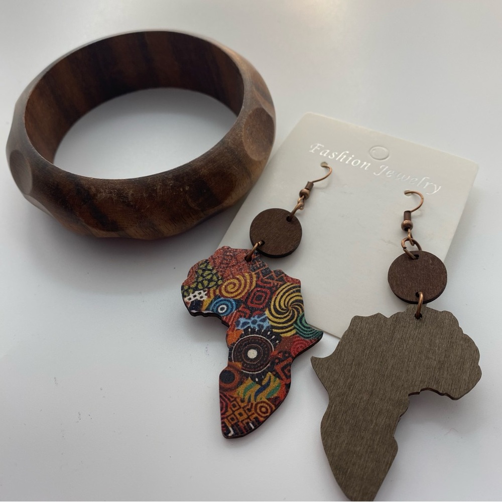 3pc Wooden Bangle 8” Multicolor African Map Earrings 3”pierced Hook Brown - Picture 3 of 6